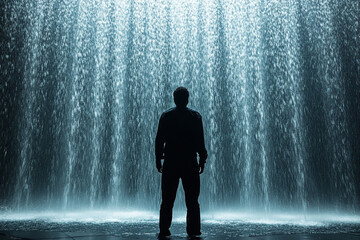Man standing under a waterfall