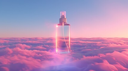Weightless setting spray bottle mockup hovering above an endless ocean of mist reflecting the soft neon hues of a glowing dreamscape sky