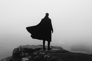 Man standing with a long coat billowing in the wind silhouette