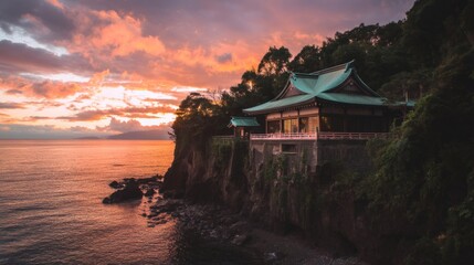 Obraz premium Tranquil Coastal Temple at Sunset with Vibrant Sky Colors