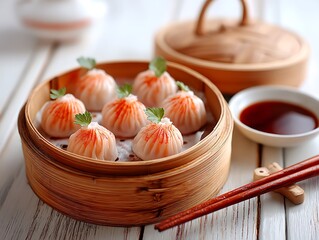 Delicious Shrimp Dumplings Served in Bamboo Steamer with Soy Sauce and Chopsticks