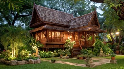 Fototapeta premium Traditional Wooden House Surrounded by Lush Greenery and Plants