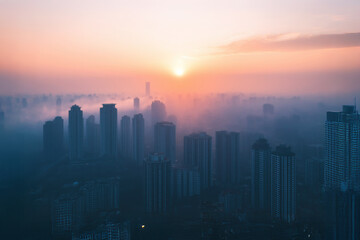 Fototapeta premium Fog is engulfing the skyscrapers of a modern metropolis at sunrise