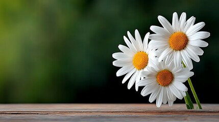 Obraz premium Three White Daisies on Wooden Surface with Green Background