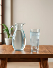 "Rustic wooden table with a clear glass of cool water and a jug, serene room background, space for text, invigorating hydration", papercraft. with white shades