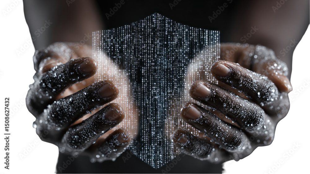 Aufkleber wet hands of a programmer are holding a transparent shield with scrolling matrix code, symbolizing d