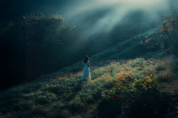 Woman wearing white dress walking in a field of flowers at dawn