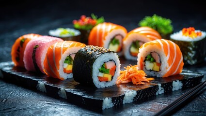 Delicious rolls presented against a sushi backdrop with blank space for text.