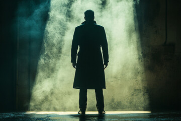 Man standing with hands in trench coat pockets silhouette