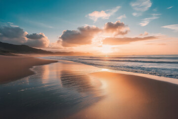 Fototapeta premium Golden sunset illuminating sandy beach and ocean waves