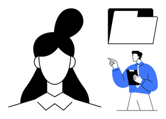 Minimalist woman avatar, document folder, professional figure holding report, pointing actively. Ideal for team communication, workflow, reporting, organization leadership collaboration HR. Flat