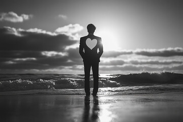 Man standing with his heart in his hands silhouette