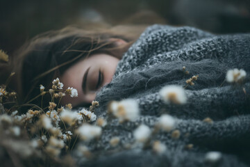 Young woman sleeping peacefully outdoors in wildflowers covered by gray knitted blanket