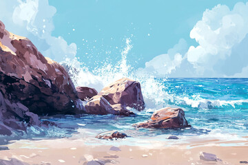 Ocean splash hitting rocks with spray in motion