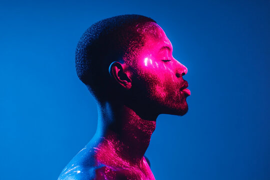 Man standing with neon tattoos glowing silhouette