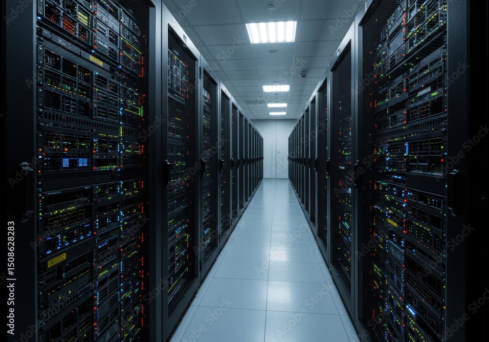 Poster server room with rows of computer server racks in a data center, viewed down the aisle