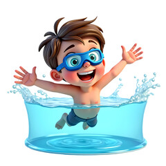 Cartoon boy swimming in a clear pool with blue goggles and brown hair smiling with arms outstretched happily isolated on transparent background