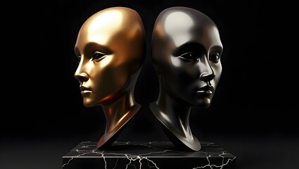Golden and black abstract sculpture of a woman head 