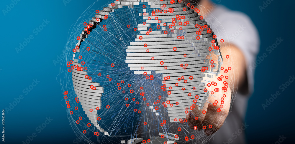 Poster a 3d model of earth displays interconnected nodes, visualizing global data flow and networks.