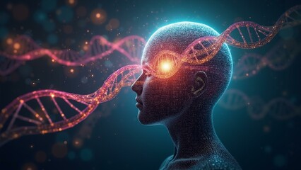 A surreal fusion of the human mind & digital code; DNA strands meet binary, illuminated in vibrant cyan, magenta, and gold. Intricate and thought-pr, ultra detailed, 8k resolution, HDR, professional