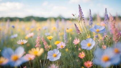 Abstract Impressionist-Style Image of a flower field with a blurred, painterly effect, evoking movement in a peaceful natural setting, with empty space for text