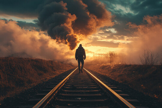 Man walking down a railroad track - Powered by Adobe