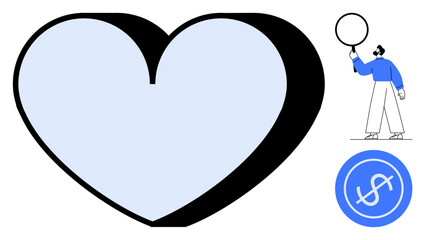 Large heart shape in soft tones, standing man holding a balloon, dollar sign in circular blue emblem. Ideal for charity, love, finance, health, giving, campaigns and simple landing page