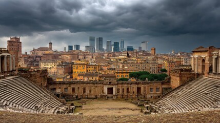 Fototapeta premium Dramatic Skyline View of Ancient Ruins and Modern Architecture
