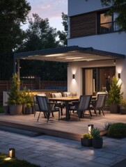 Modern outdoor dining area under a pergola at dusk.