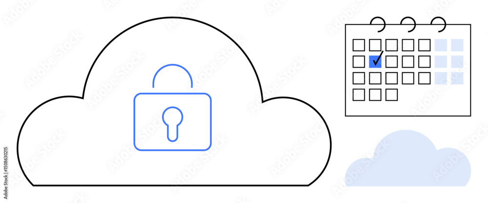 Poster cloud with padlock symbolizing security paired with calendar featuring highlighted day. ideal for da