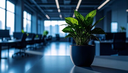 A modern office interior featuring a vibrant green plant in a sleek pot. Emphasizes b 