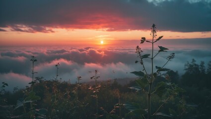 Beautiful sunset in cloudy weather with plants and insects, featuring empty copy space for text.