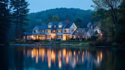 Fototapeta premium Serene Luxury Home by Tranquil Lake at Dusk with Soft Reflections