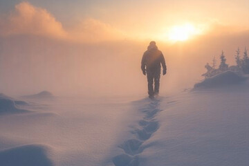 Man walking through a snowy landscape