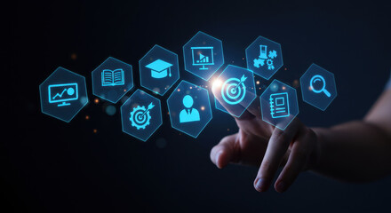 E-learning via fingertip: touching a digital target for online education and learning with computer skills in a futuristic style.