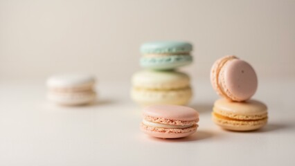 Pastel macaron still life with soft lighting & shallow depth of field—elegant, delicate, and chic in a minimalist setting., ultra detailed, 8k resolution, HDR, professional