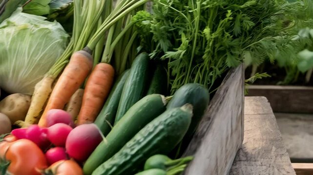 Assortment of fresh, locally sourced vegetables displayed in a rustic wooden crate for a farm-to-table presentation.
