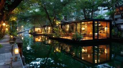 Serene Riverfront Dining with Modern Architecture and Ambient Lighting