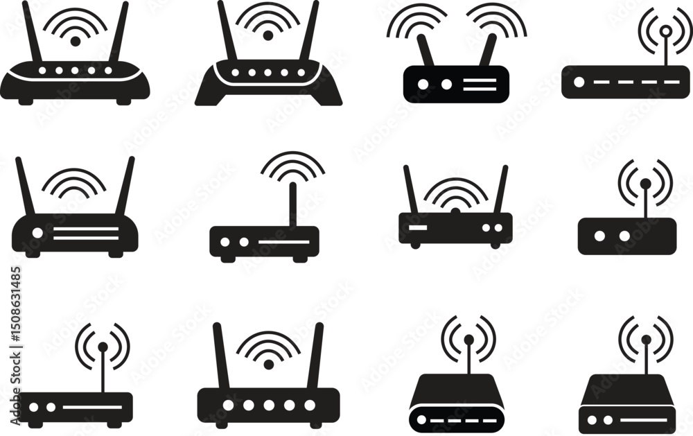 Aufkleber wifi router icons set in flat. wireless routers and internet connectivity devices with antennas and 