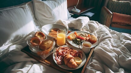 Breakfast in bed in hotel room