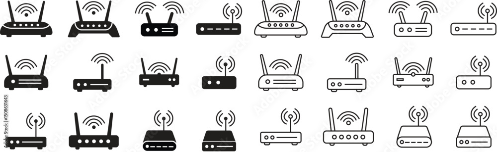 Aufkleber wifi router icons set in flat and line. wireless routers and internet connectivity devices with ante