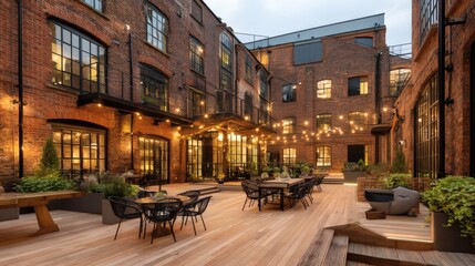 Fototapeta premium Charming Urban Courtyard with Cozy Atmosphere and Warm Lighting