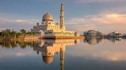 Obraz premium Serene Sunset Reflection of a Majestic Mosque by Calm Waters