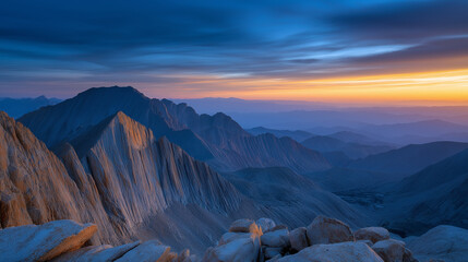 Majestic mountain range at twilight with glowing peaks and deep shadows