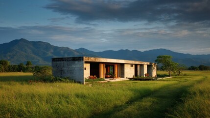 Obraz premium Modern Concrete Home Surrounded by Lush Green Landscape and Mountains