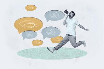 Artwork 3d poster art collage of happy girl guy stand bubble communication chatterbox speech...