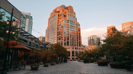 Obraz premium Urban cityscape at sunset with modern architecture and greenery