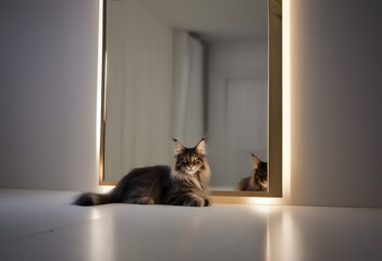 Maine Coon Cat Alone by Mirror in Dim Room