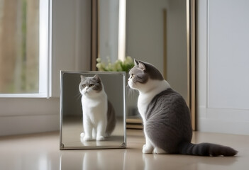 Scottish Fold Cat Facing Its Reflection with Confidence