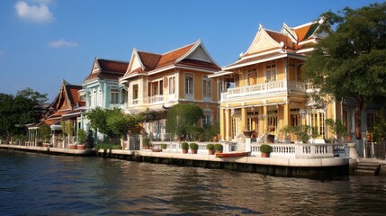 Obraz premium Colorful Historic Houses Along Serene Water Canal in Thailand